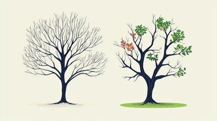 Obraz premium Illustration of Two Trees Depicting Seasonal Changes with Bare and Leafy Branches on Neutral Background