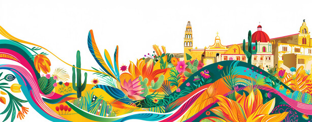 Southwestern page border with colorful Mexican mural elements