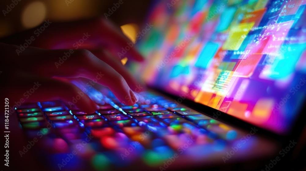 Poster close up of hands typing on a colorful, illuminated keyboard while working on a futuristic software 