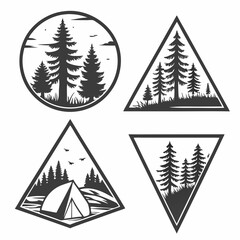 Obraz premium Set of monochrome landscapes in geometric shapes circle, triangle, rhombus. Natural sceneries with wild pine forests. Flat vector for company logo or camping logo.