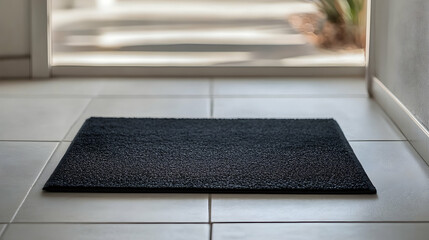 A simple black door mat on a white tiled floor