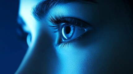 Close-up, blue-lit eye, face partially visible.