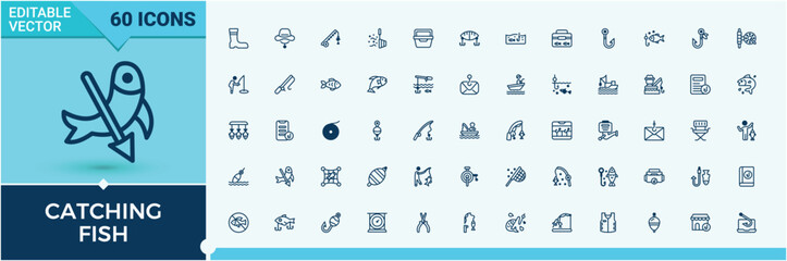 Catching Fish icon pack. Contains such icons as vacation, boat, angling, person, food, fish, reel, fishing. Simple icon designs.
