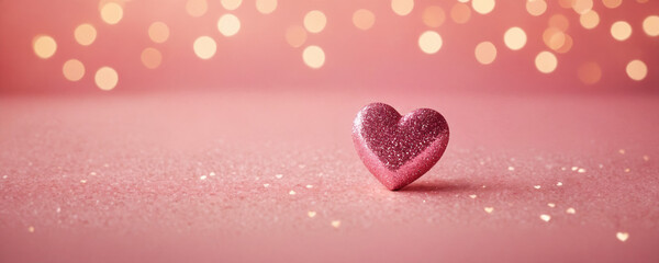 Obraz premium Pink hearts on a pink sparkling glitter background. Holiday Abstract shiny backdrop for Valentine's Day or celebration event for designing banner, poster, card with copy space. Romantic and love.