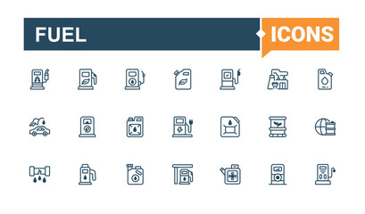 Fuel linear icon collection. Featuring transport, petroleum, electric, diesel, power, fuel and more. Minimalistic icons. Solid line editable stroke. Vector line and solid icons.