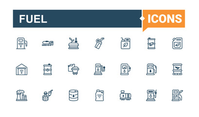 Fuel linear icon collection. Featuring transport, petroleum, electric, diesel, power, fuel and more. Minimalistic icons. Solid line editable stroke. Vector line and solid icons.