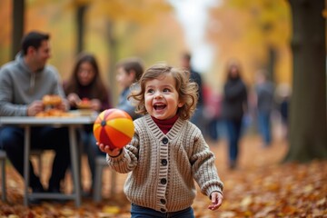 A joyful child in a cozy sweater is playing with a colorful ball at a Thanksgiving festival. In the background, families are enjoying food and chatting under festive fall decorations