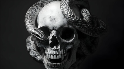 A skull and snake image in black and white