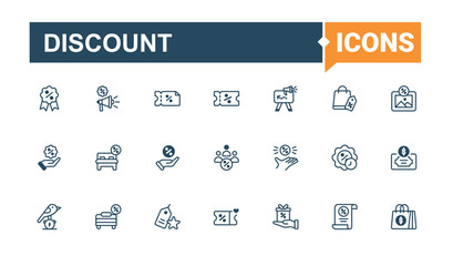 Set of Discount line icons. Containing tag, coupon, quality, gift, man and more. Thin outline icons pack. Vector line and solid icons.