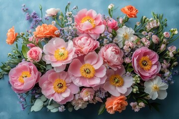 overhead view of fresh spring flower arrangement with pink peonies and wildflowers artistically styled on pastel blue surface