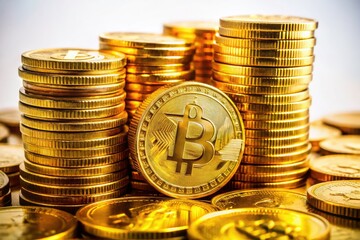 A golden Bitcoin stack rises against a backdrop of the cryptocurrency coin landscape, representing immense financial wealth.