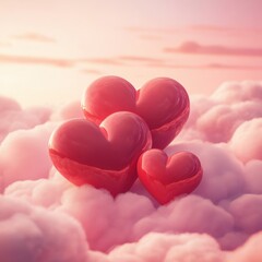 Obraz premium Three red hearts floating among pink clouds at sunset.