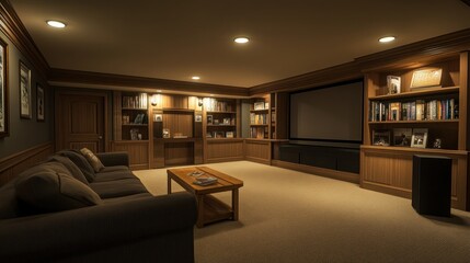 Cozy Home Theater Room with Reclining Sofa and Built-in Bookshelves