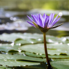 Sunlit purple water lily on a pond
