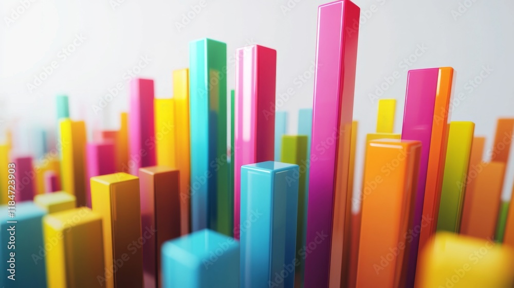 Poster a detailed d bar graph with vibrant, multicolored bars, representing data trends in a business prese