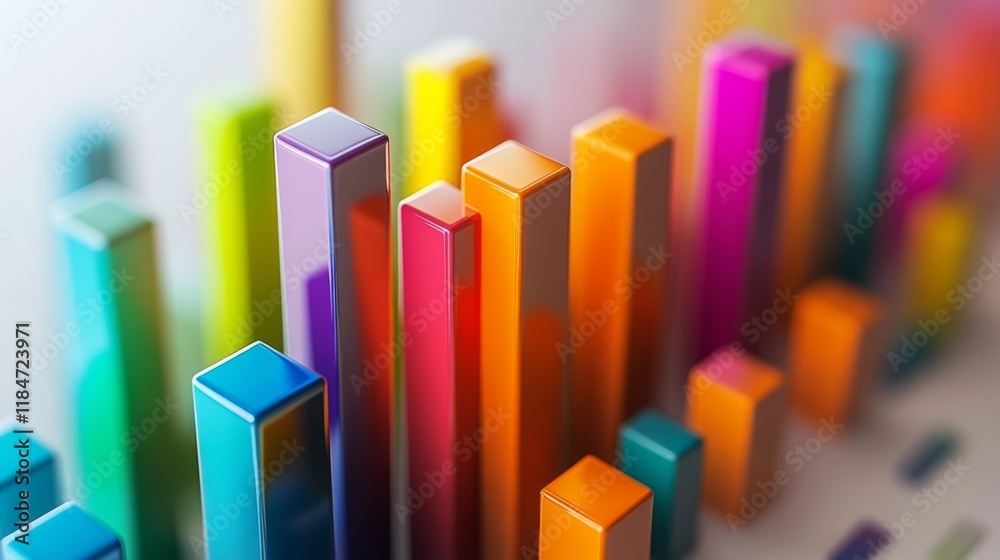 Poster a detailed d bar graph with vibrant, multicolored bars, representing data trends in a business prese