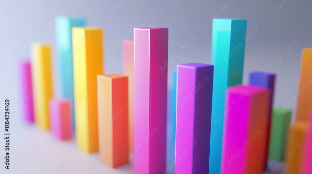 Leinwandbilder A detailed D bar graph with vibrant, multicolored bars, representing data trends in a business presentation, set against a minimalist white backdrop.