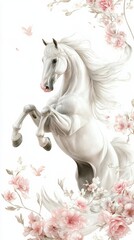 White Horse Rearing Up Amidst Pink Flowers and Butterflies