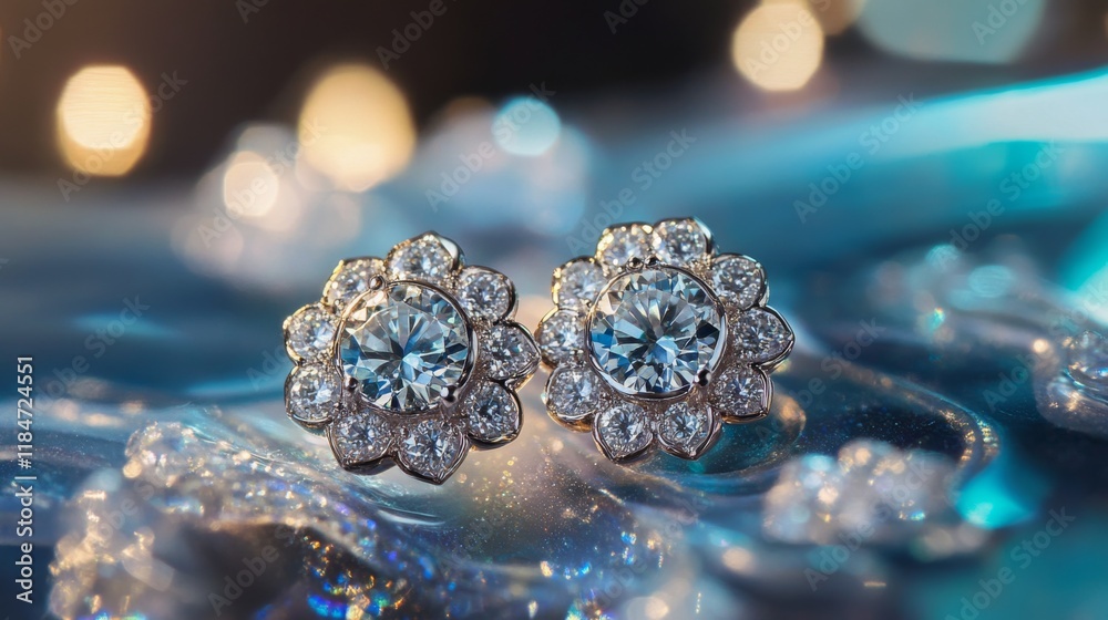 Poster A detailed shot of a pair of diamond earrings with a unique design, captured with a macro lens to emphasize the cut and sparkle of each stone.