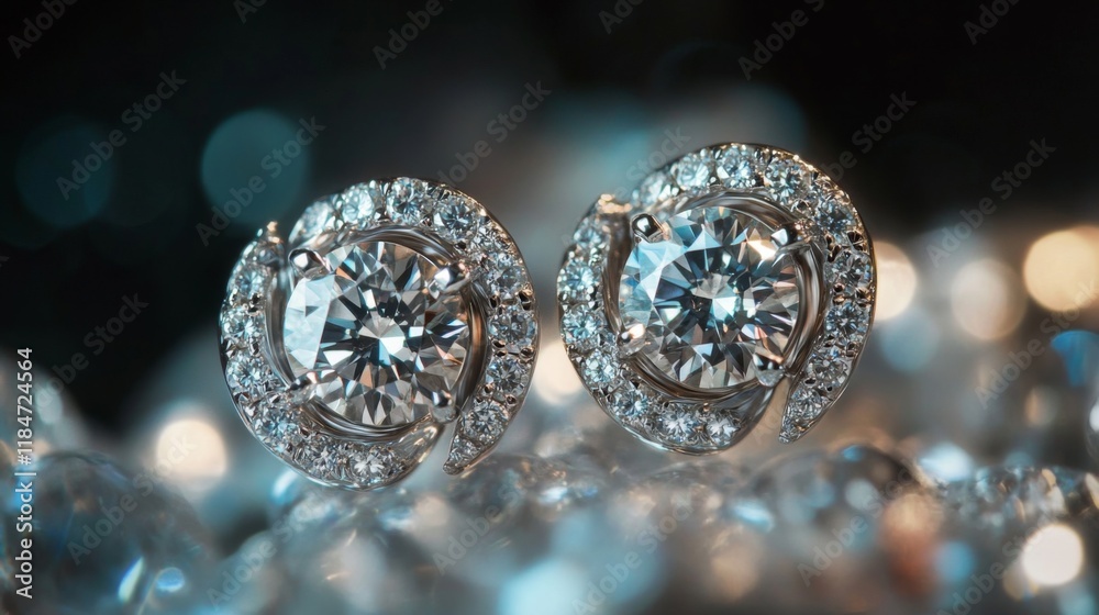 Aufkleber A detailed shot of a pair of diamond earrings with a unique design, captured with a macro lens to emphasize the cut and sparkle of each stone.