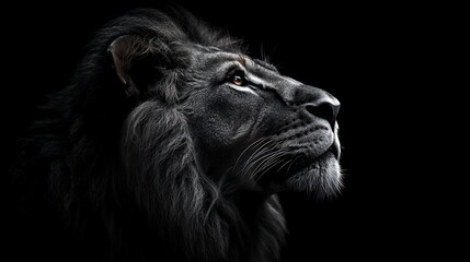 Majestic black lion profile against dark background.