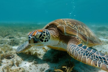 Obraz premium A green sea turtle swims gracefully in the clear Caribbean waters, showcasing its vibrant colors and intricate patterns while gliding above the ocean floor teeming with aquatic life