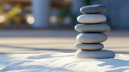 Obraz premium Minimalist zen rock arrangement with smooth stones stacked in balance on raked white sand