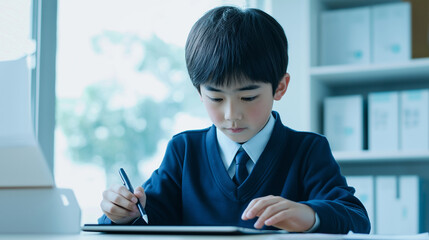 Young boy wearing school uniform using digital pen and tablet, focused on his e-learning activities in modern classroom with bookshelf in background