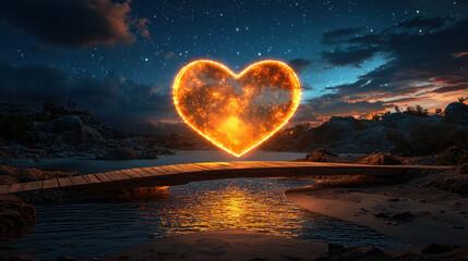 Fototapeta premium A romantic couple stands by a glowing heart at sunset.