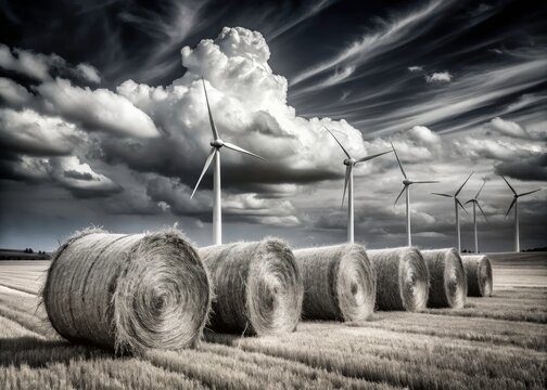 Black and white captures rolling hills, wind turbines, and stacked hay bales in a rural idyll.