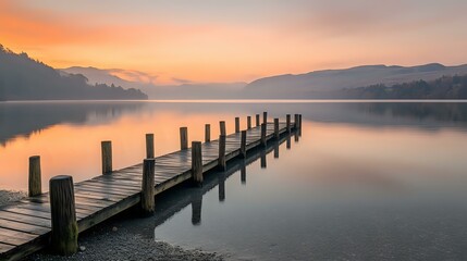 Quiet lakeside pier with wooden planks extending into calm water under a soft pink and orange sky