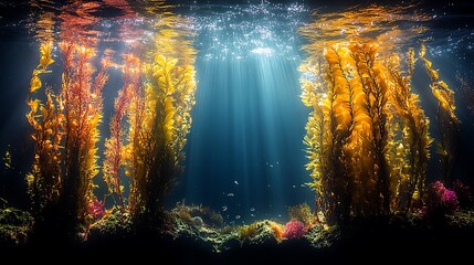 Underwater kelp forest bathed in sunlight beams