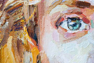 Cute beautiful girl holding her hair. Fragment of oil painting on canvas. .Portrait of a women with brown eyes and brown hair.