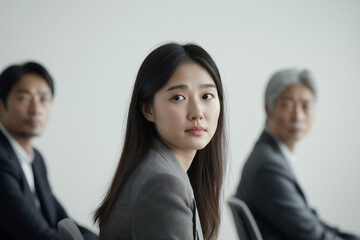 Young asian businesswoman turning her head during a meeting with two blurred colleagues in the background, concept of gender equality in business and female leadership