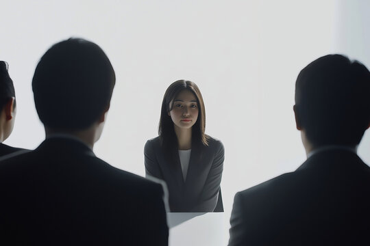 Young businesswoman sitting in front of a panel of recruiters during a job interview, answering questions and trying to make a good impression