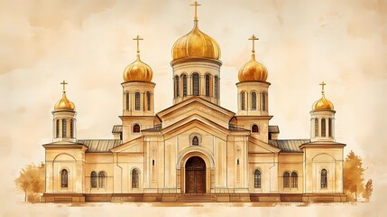 Fototapeta premium Traditional Orthodox church with intricate architecture and domes, creating a peaceful and inspiring visual, book illustration-inspired design