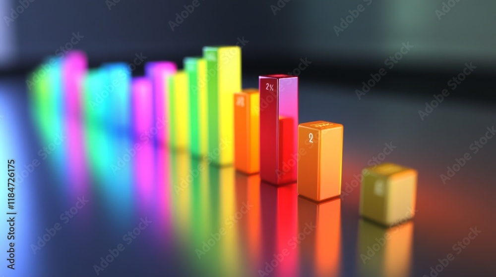 Poster a dynamic d bar chart showcasing fluctuating financial data, featuring glossy bars in different colo