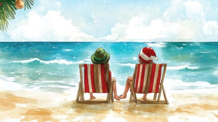 Two children, one in a green hat and one in a Santa hat, relax in beach chairs overlooking a tranquil ocean. A peaceful Christmas beach scene.