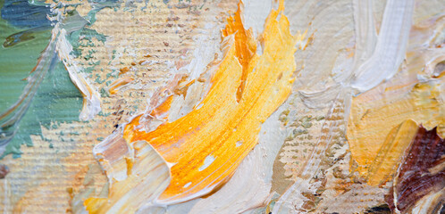 Embossed pasty oil paints and reliefs. Primary colors: ocher, white, red .  Abstract art.
