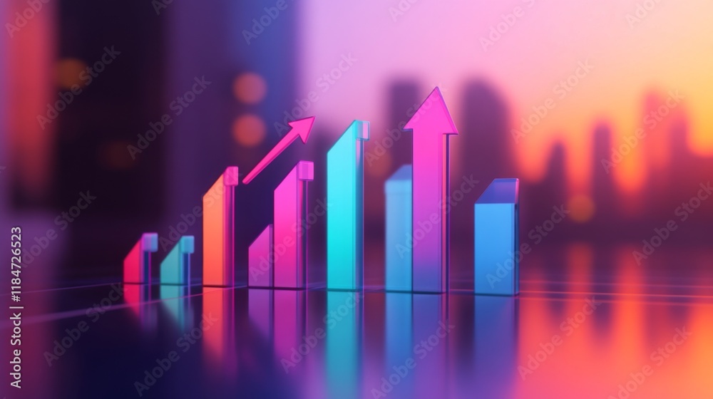 Poster A dynamic D bar graph with arrows pointing upward, set against a gradient background, symbolizing data trends, economic growth, and financial success.
