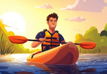 Young man kayaking on a serene river at sunset, embracing the tranquility of nature while engaging in a healthy outdoor activity, surrounded by vibrant colors and peaceful landscapes