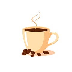 Obraz premium Hot coffee in a beige cup with coffee beans.