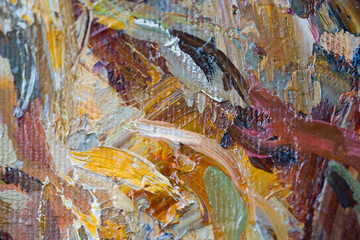 Embossed pasty oil paints and reliefs. Primary colors: ocher, white, red .  Abstract art.