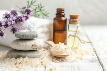 Spa beauty treatment items including essential oils, salt, and stones on a wooden surface with lavender accents for relaxation and self-care purposes
