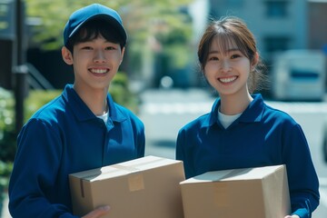 Two young couriers in bright blue uniforms happily holding cardboard boxes while making home deliveries on a sunny urban day, showcasing efficiency and reliability