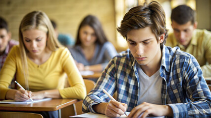 Exam preparation. Concentrated young students taking notes in a classroom, engaging in focused learning process