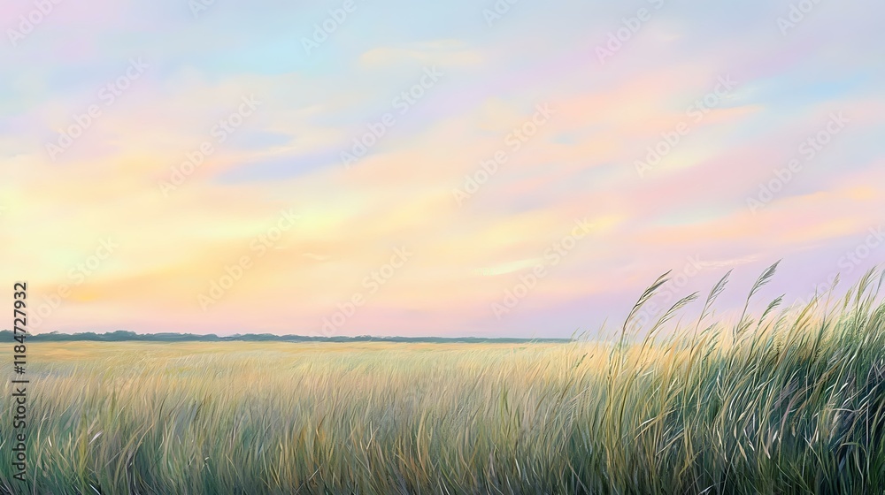 Wall mural tranquil scene of an open field with tall grass swaying in the wind under a pastel sky