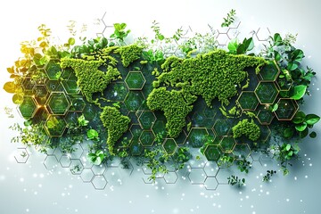 Global Sustainability: World Map of Greenery on a Honeycomb Pattern