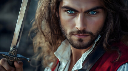 An adult male pirate with long swept-back brown hair, light blue eyes, facial hair, white shirt, red vest, chest hair holding a rapier