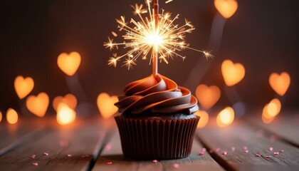 Sparkling Cupcake Celebration with Heart Bokeh Lights